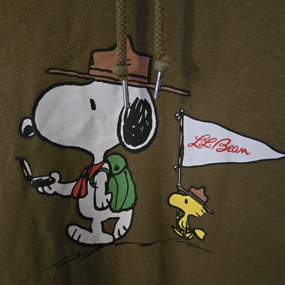 L.L. Bean X Peanuts Hoodie Size Large Green Snoopy Woodstock Hiking Sweatshirt - Picture 2 of 7